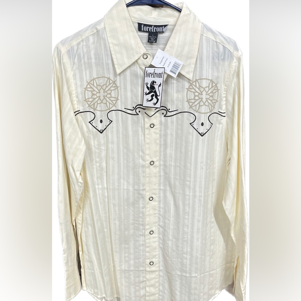 Forefront Western Country Button Down Shirt Rare NEW NWT 100% Cotton Cream Lg